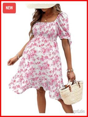 Maternity Dress Short Puff Sleeve Square Neck Floral Baby Shower Mini
